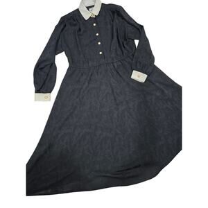 Vintage Leslie Fay Black Jacquard Midi Dress White Collar Women's 12